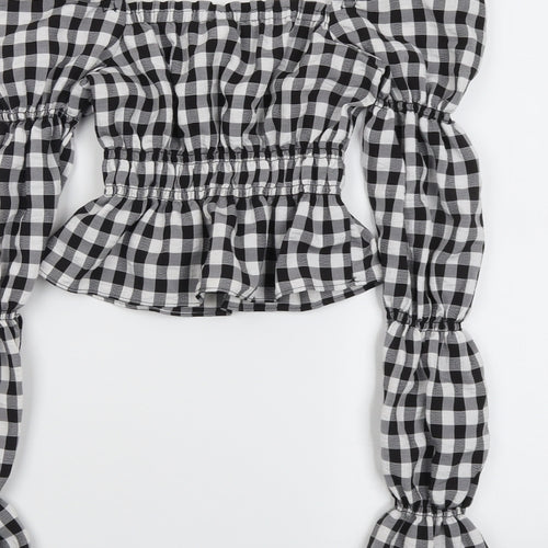 H&M Womens Black Check Polyester Cropped Blouse Size 2XS Square Neck - Puff Sleeve