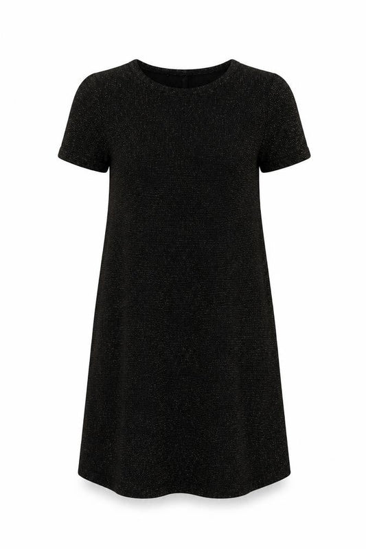 Front view of New Look women’s black geometric polyester t-shirt dress, size UK 8, round neck pullover