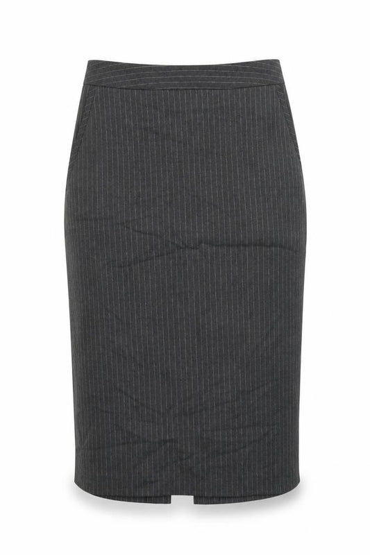 Front view of Warehouse women’s grey striped polyester straight & pencil skirt, size UK 6, zip
