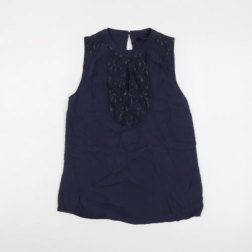 Oasis Womens Blue Viscose Basic Blouse Size 8 Round Neck - Lace Detail