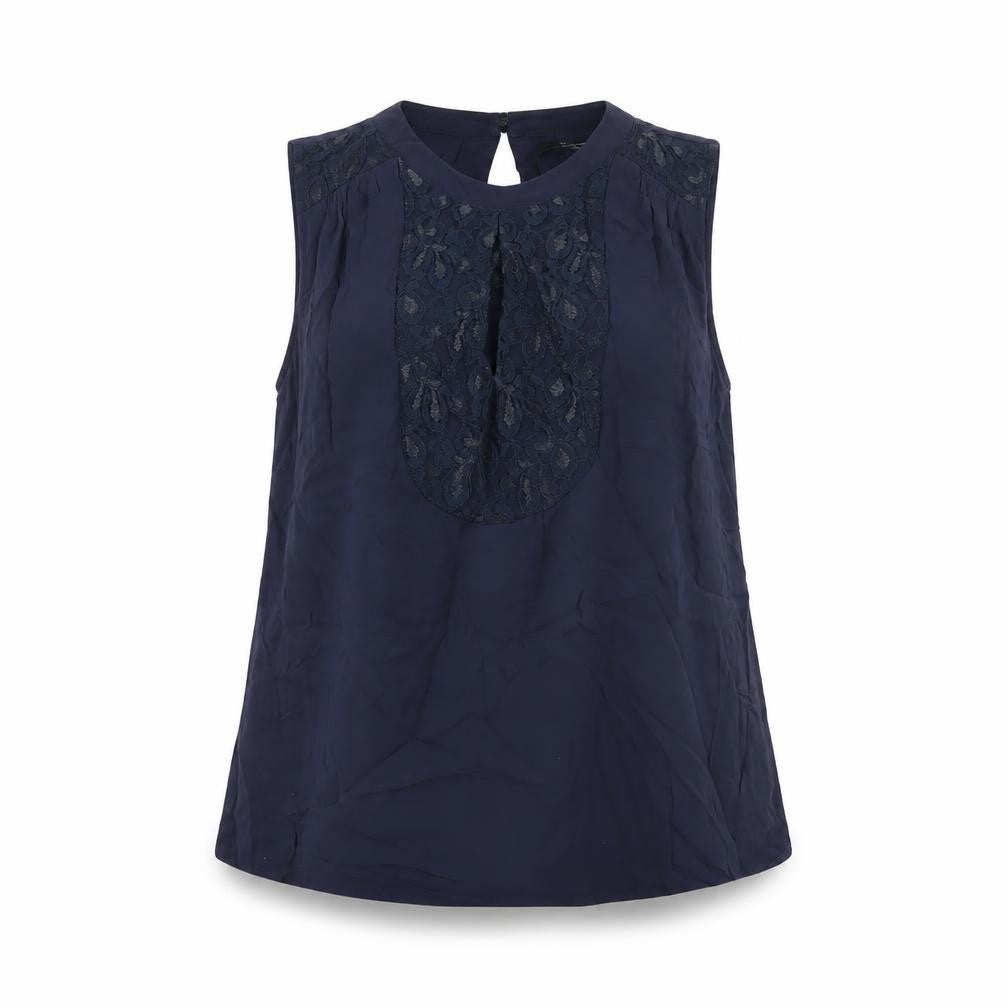 Front view of Oasis women’s blue viscose basic blouse, size UK 8, round neck - lace detail