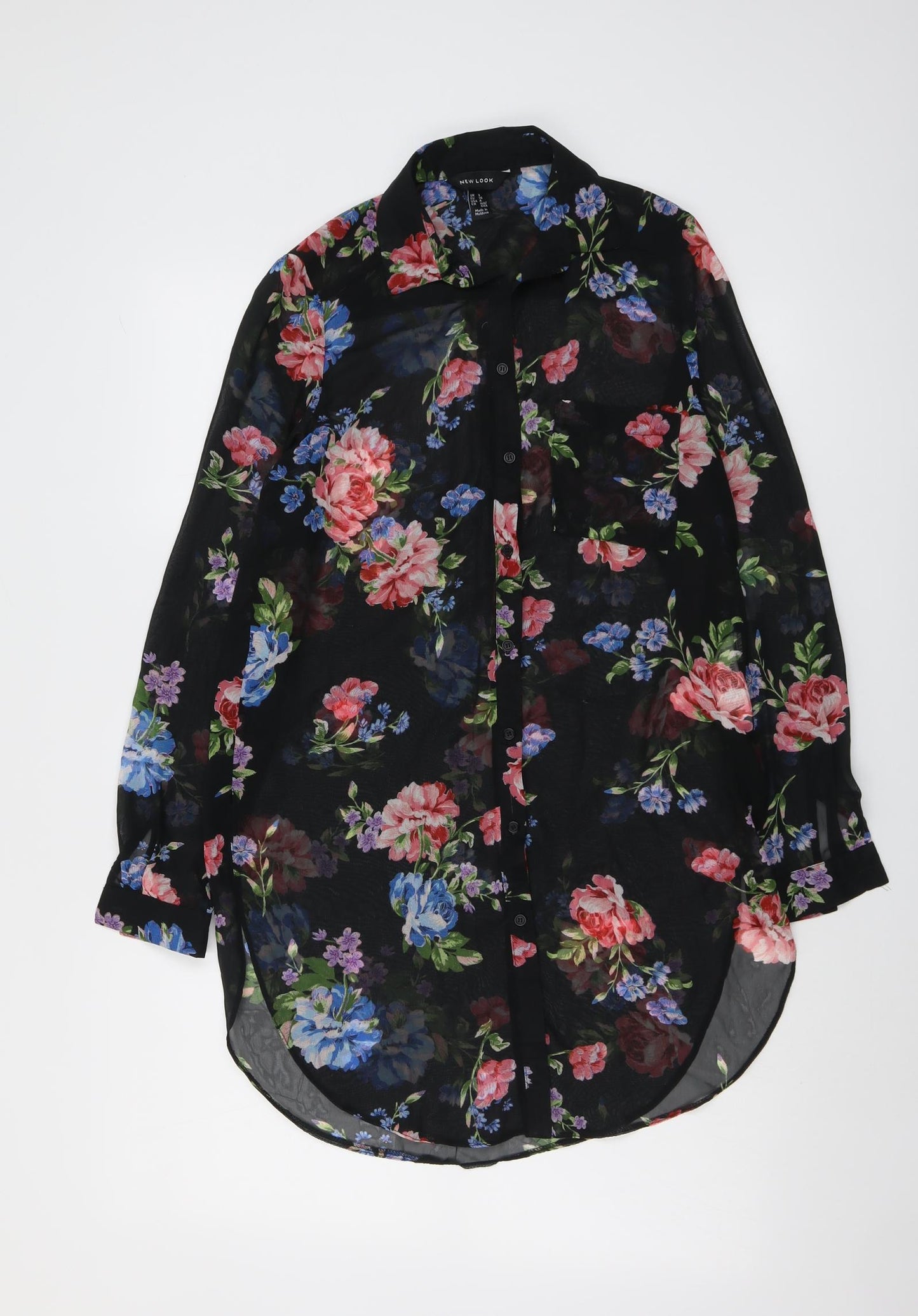 New Look Womens Black Floral Polyester Tunic Button-Up Size 8 Collared