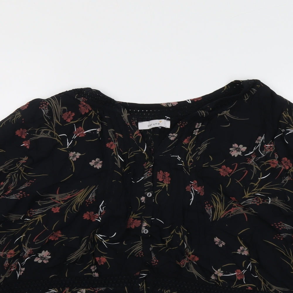 Per Una Womens Black Floral Viscose Basic Button-Up Size 18 Boat Neck