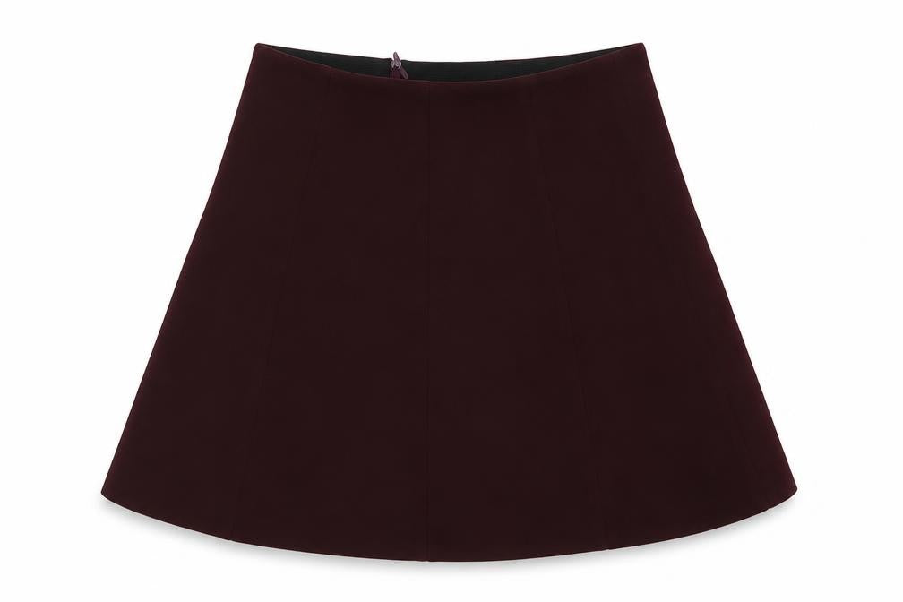 Front view of RESERVED women’s purple polyester skater skirt, size UK 8, zip