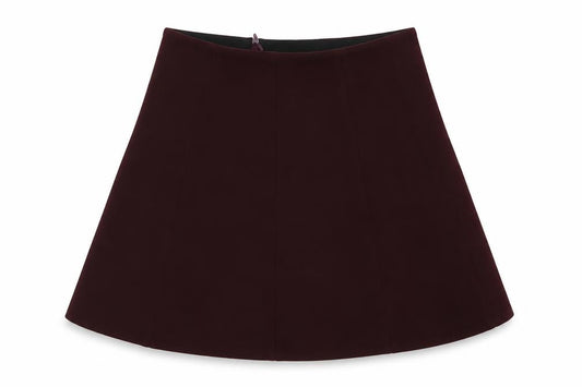 Front view of RESERVED women’s purple polyester skater skirt, size UK 8, zip