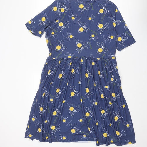 Popsy Womens Blue Geometric Polyester T-Shirt Dress Size 16 Round Neck Pullover - Bee pattern Bee positive