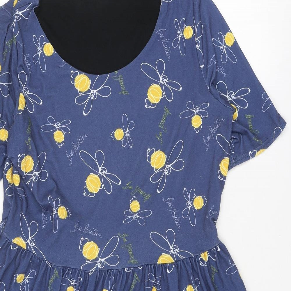 Popsy Womens Blue Geometric Polyester T-Shirt Dress Size 16 Round Neck Pullover - Bee pattern Bee positive