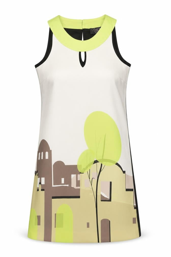 Front view of Little Miss Captain women’s multicoloured geometric polyester a-line size 2xs round neck button