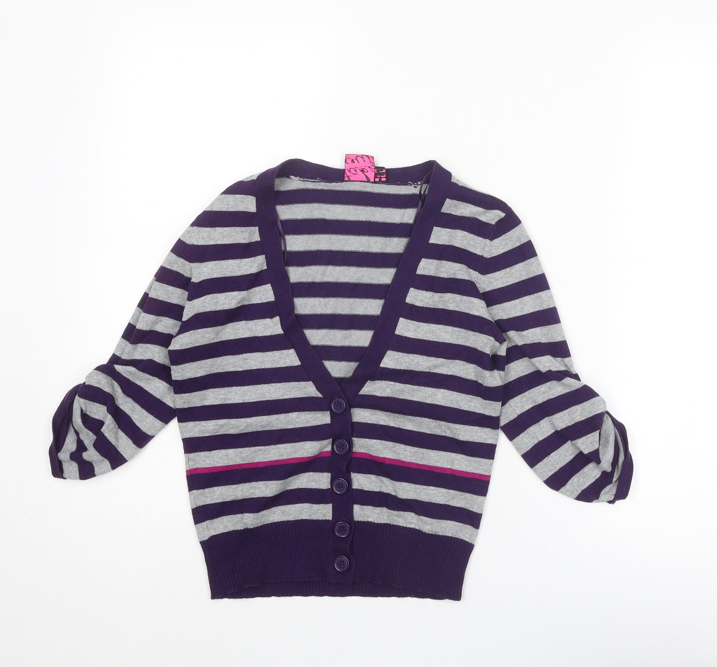 Take Out Womens Purple V-Neck Striped Cotton Cardigan Jumper Size M