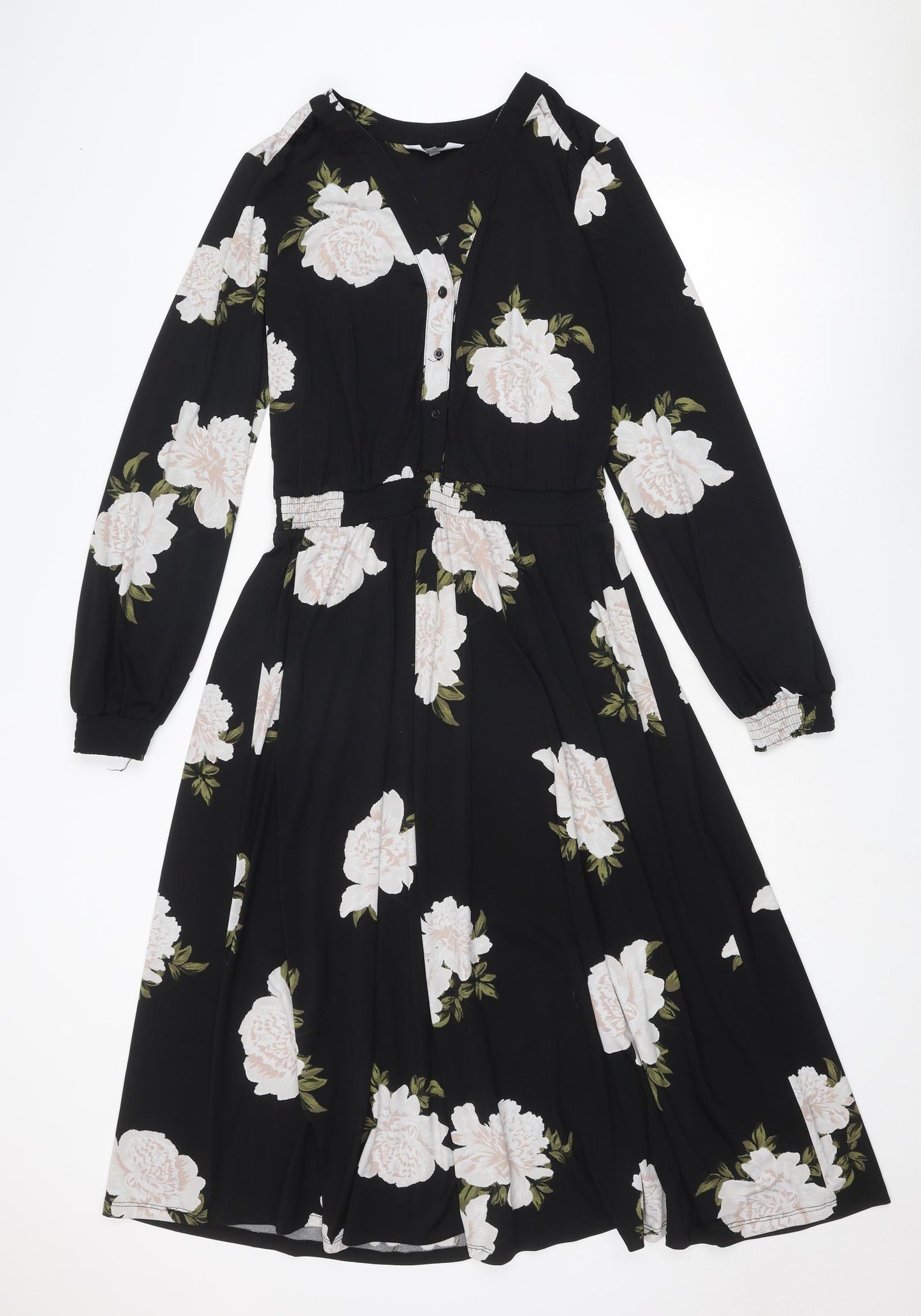 Principles Womens Black Floral Polyester Fit & Flare Size 10 V-Neck Button
