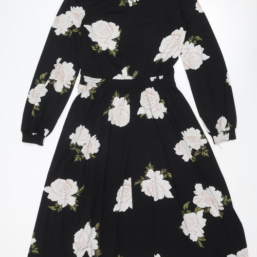 Principles Womens Black Floral Polyester Fit & Flare Size 10 V-Neck Button
