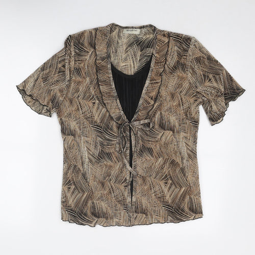 BASSINI Womens Brown Geometric Polyester Basic Blouse Size L Round Neck