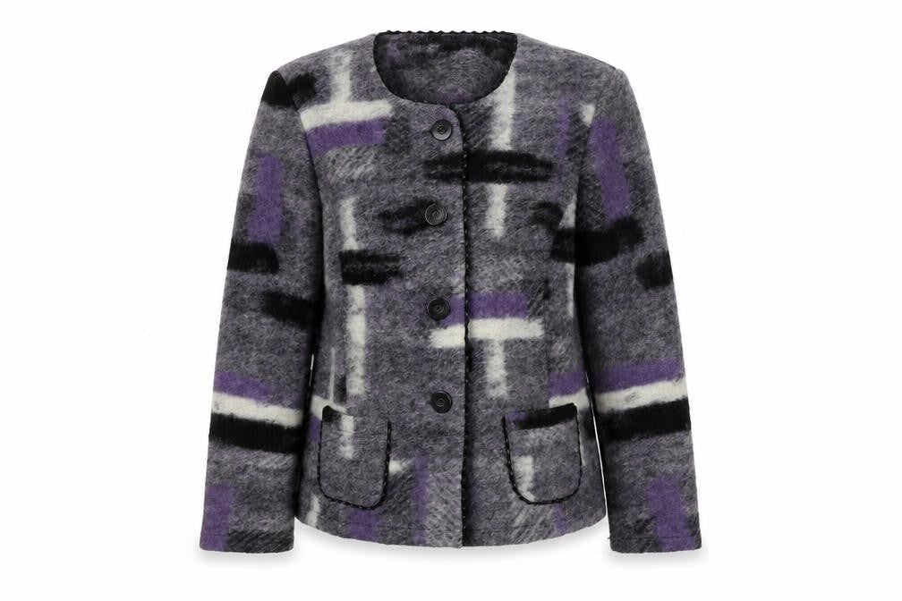 Front view of Godske women’s grey geometric jacket, size UK 16, button