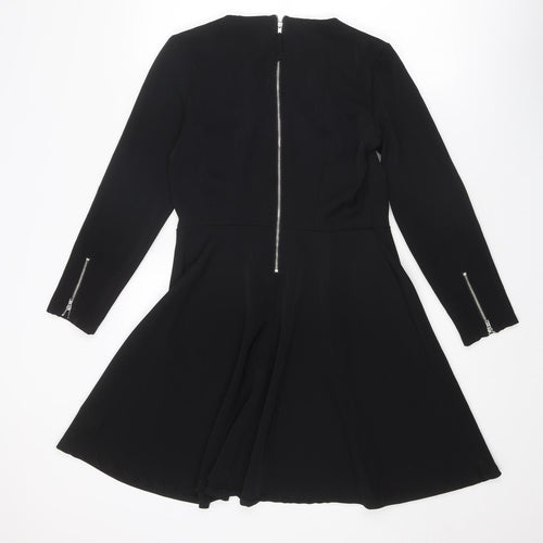 Monki Womens Black Polyester Fit & Flare Size 12 Round Neck Zip - Zip detail on sleeves