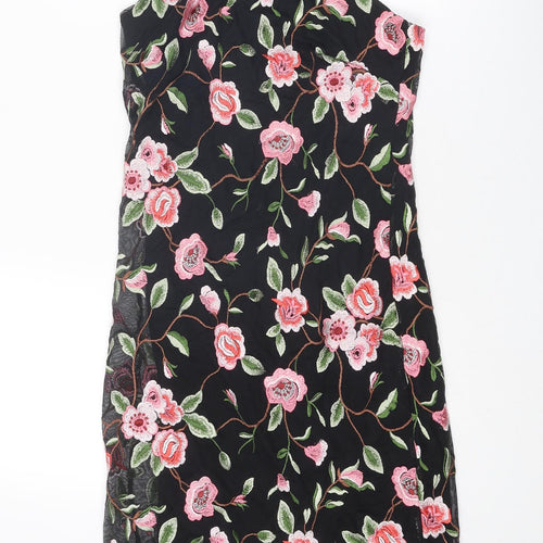 New Look Womens Black Floral Nylon Slip Dress Size 10 V-Neck Zip
