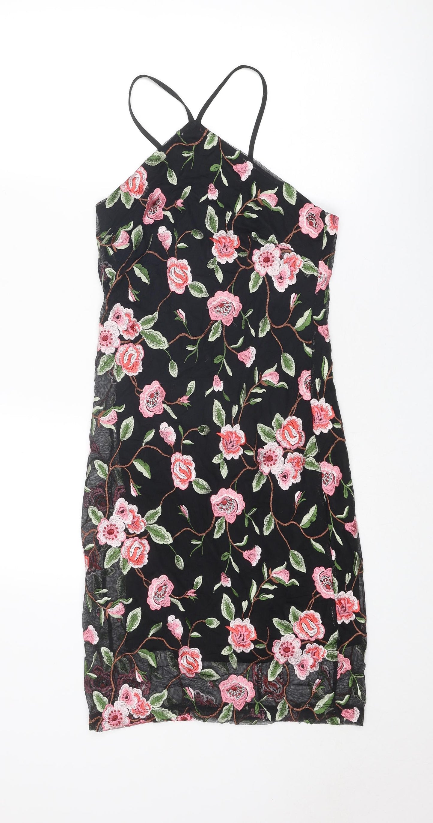 New Look Womens Black Floral Nylon Slip Dress Size 10 V-Neck Zip