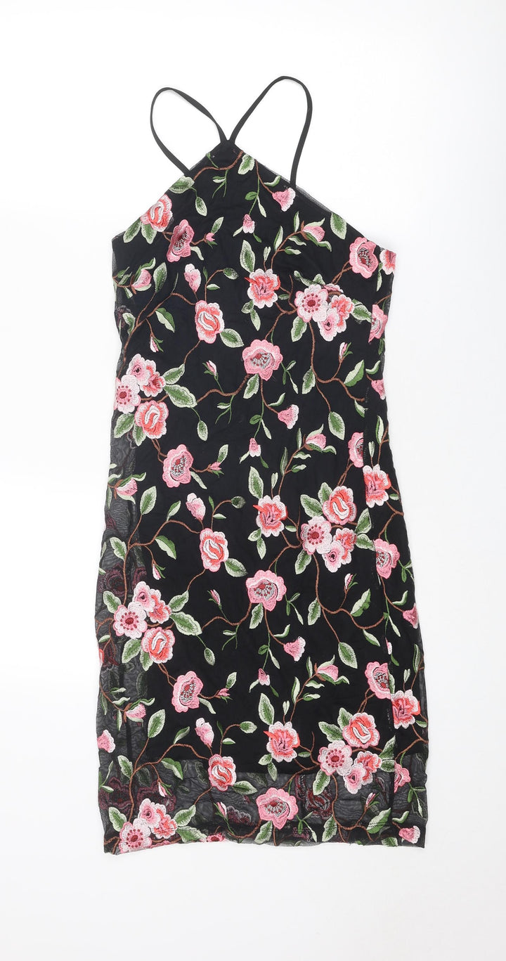 New Look Womens Black Floral Nylon Slip Dress Size 10 V-Neck Zip