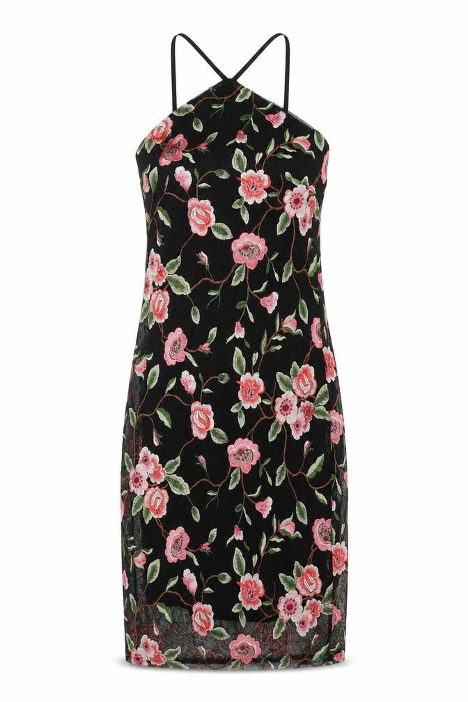 New Look Womens Black Floral Nylon Slip Dress Size 10 V-Neck Zip