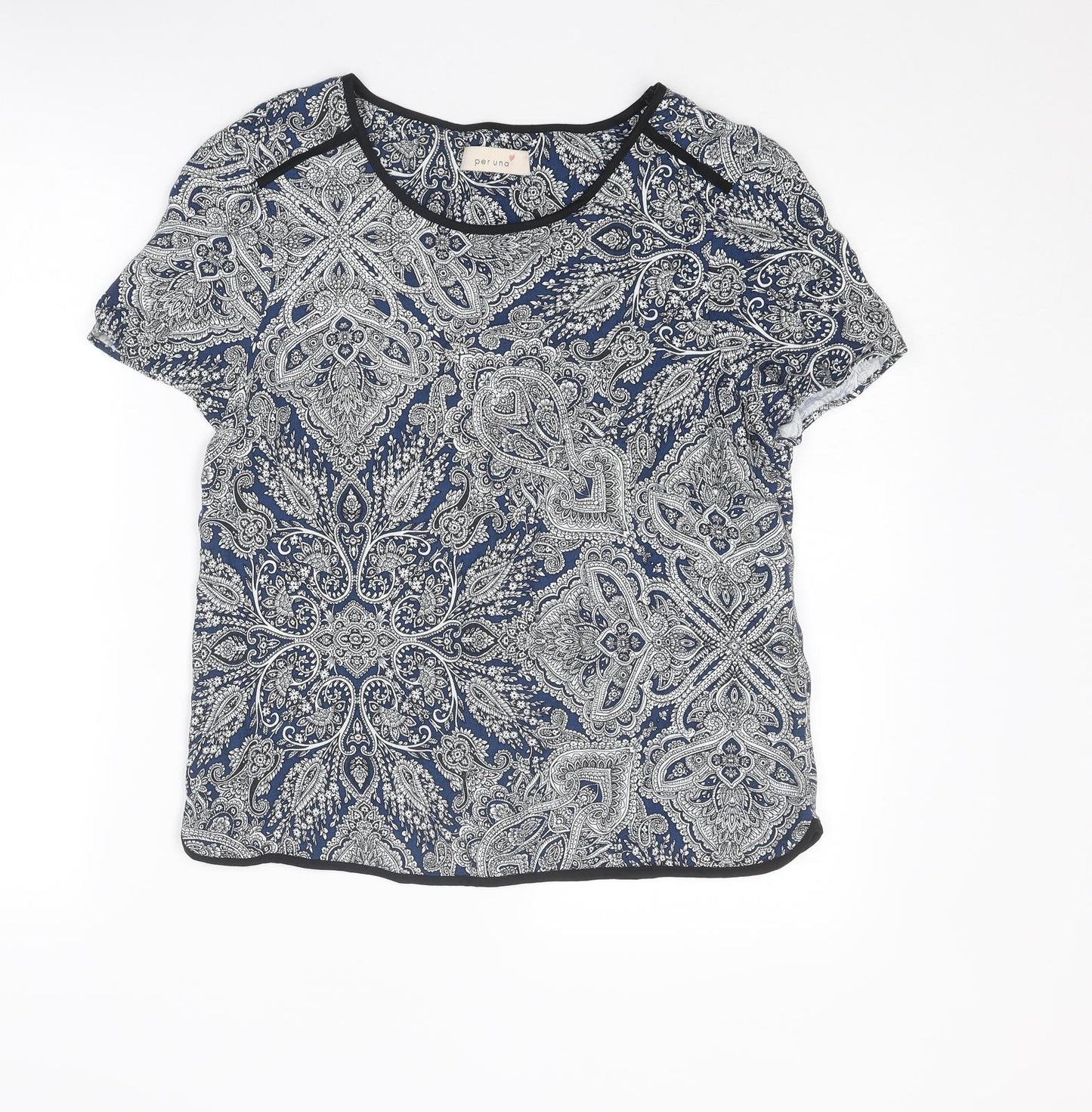 Per Una Womens Blue Geometric Viscose Basic T-Shirt Size 10 Round Neck