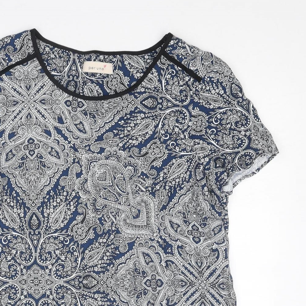 Per Una Womens Blue Geometric Viscose Basic T-Shirt Size 10 Round Neck