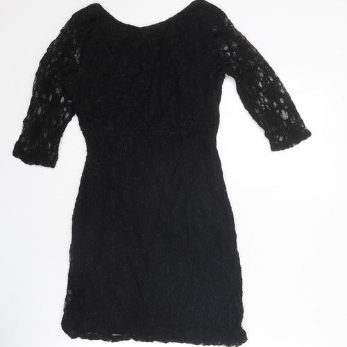 Warehouse Womens Black Floral Viscose A-Line Size 10 Round Neck Zip