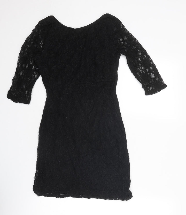 Warehouse Womens Black Floral Viscose A-Line Size 10 Round Neck Zip