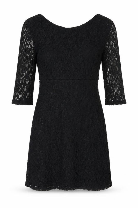 Front view of Warehouse women’s black floral viscose a-line, size UK 10, round neck zip
