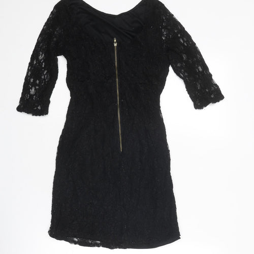 Warehouse Womens Black Floral Viscose A-Line Size 10 Round Neck Zip