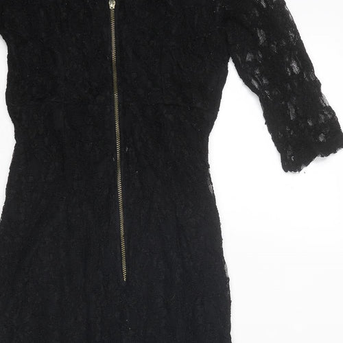 Warehouse Womens Black Floral Viscose A-Line Size 10 Round Neck Zip