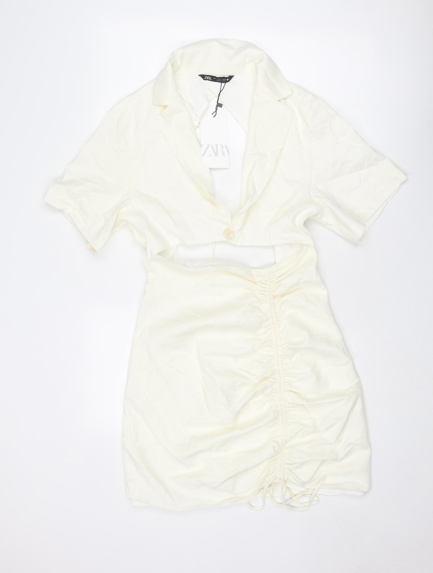Zara Womens Ivory Viscose Bodycon Size L Collared Zip