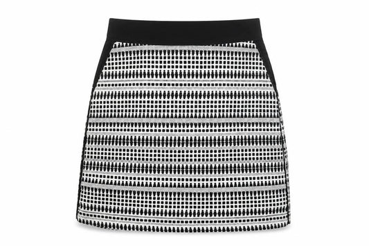 Front view of Warehouse women’s black geometric cotton a-line skirt, size UK 12, zip