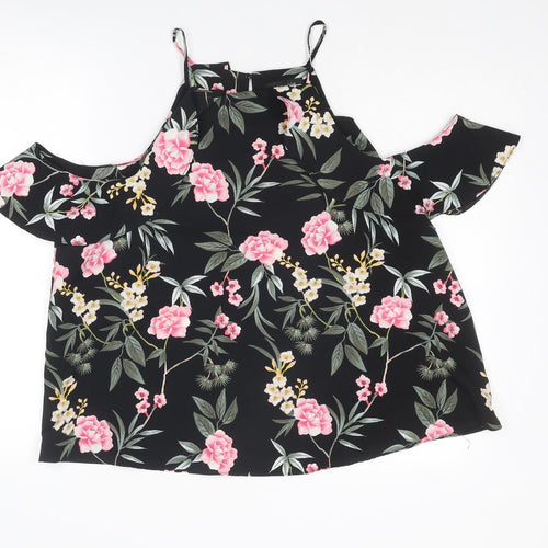 New Look Womens Black Floral Polyester Basic Blouse Size 18 Square Neck - Cold Shoulder Detail