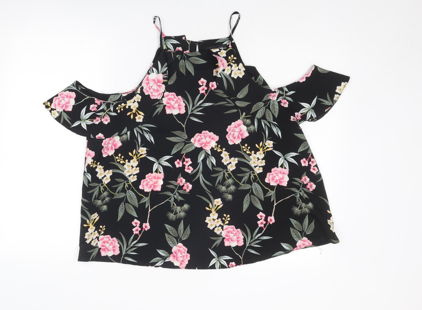 New Look Womens Black Floral Polyester Basic Blouse Size 18 Square Neck - Cold Shoulder Detail