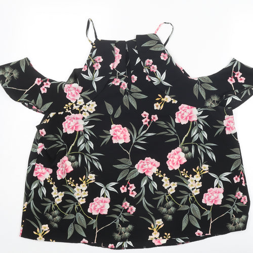 New Look Womens Black Floral Polyester Basic Blouse Size 18 Square Neck - Cold Shoulder Detail
