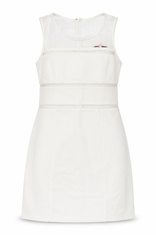 Front view of Jaune Rouge women’s white polyester shift, size M, round neck zip