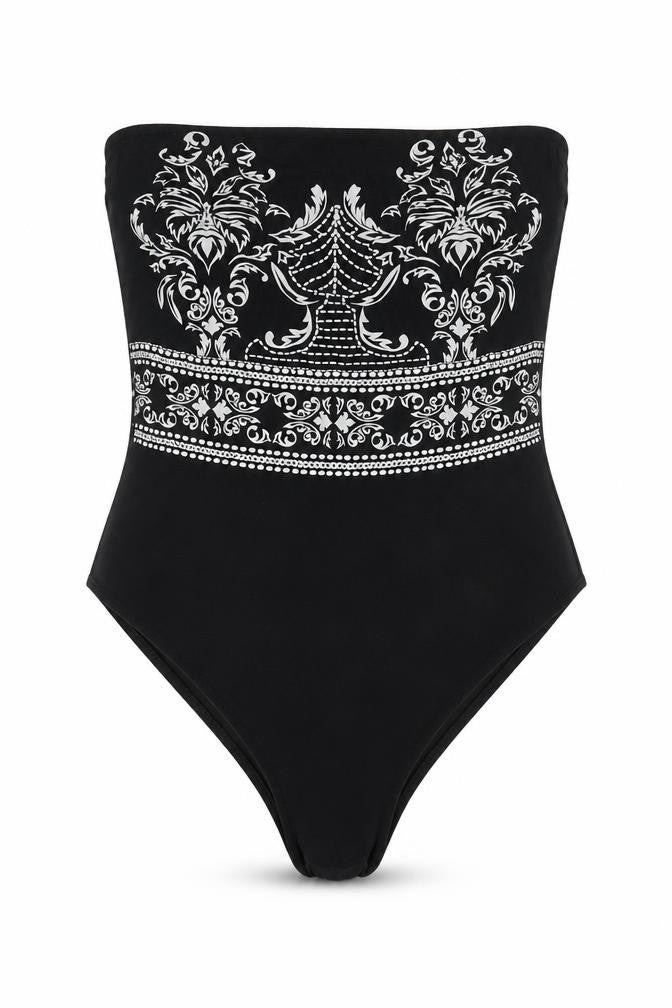 Front view of PRETTYLITTLETHING women’s black viscose bodysuit one-piece, size UK 8, snap