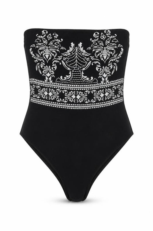 Front view of PRETTYLITTLETHING women’s black viscose bodysuit one-piece, size UK 8, snap