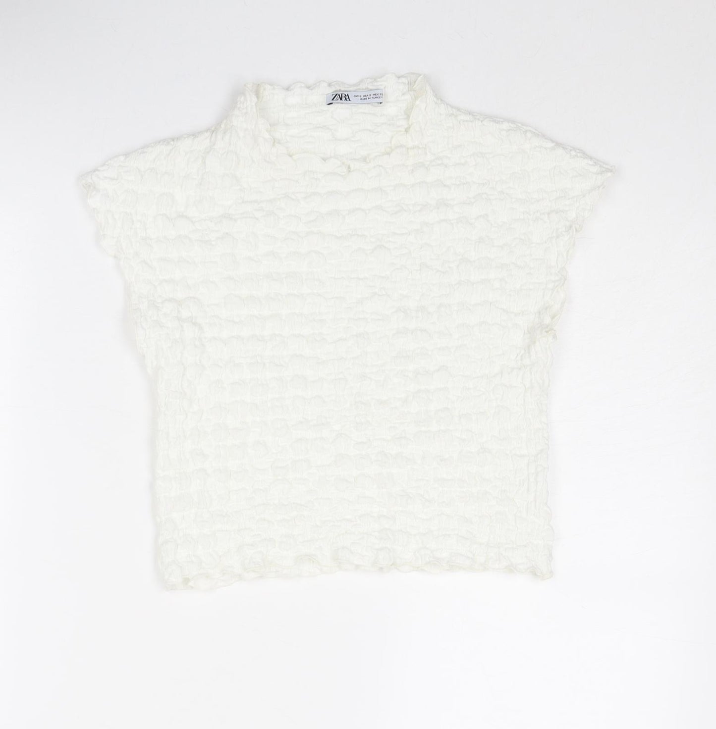 Zara Womens White Polyester Cropped Blouse Size S Mock Neck - Textured