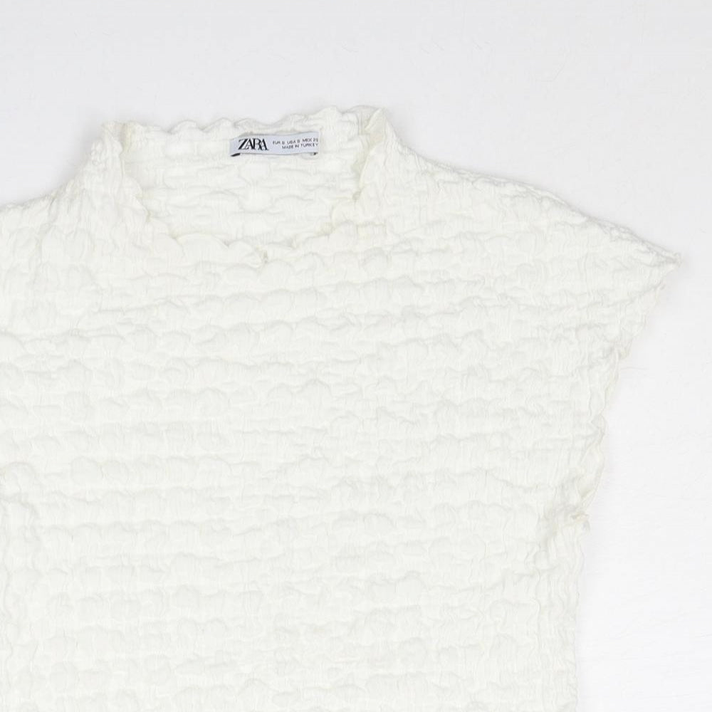 Zara Womens White Polyester Cropped Blouse Size S Mock Neck - Textured