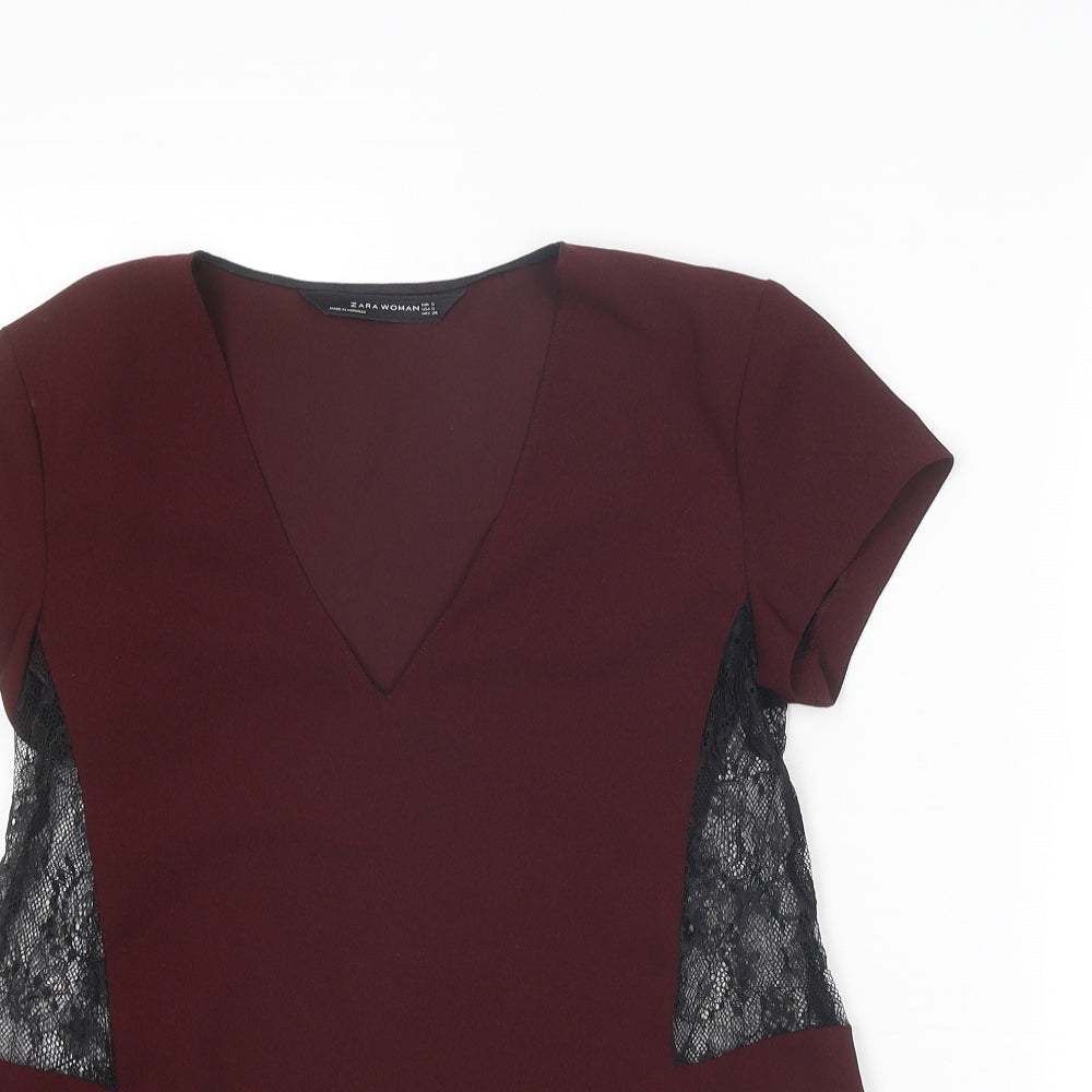 Zara Womens Red Polyester Basic Blouse Size S V-Neck - Lace Insert