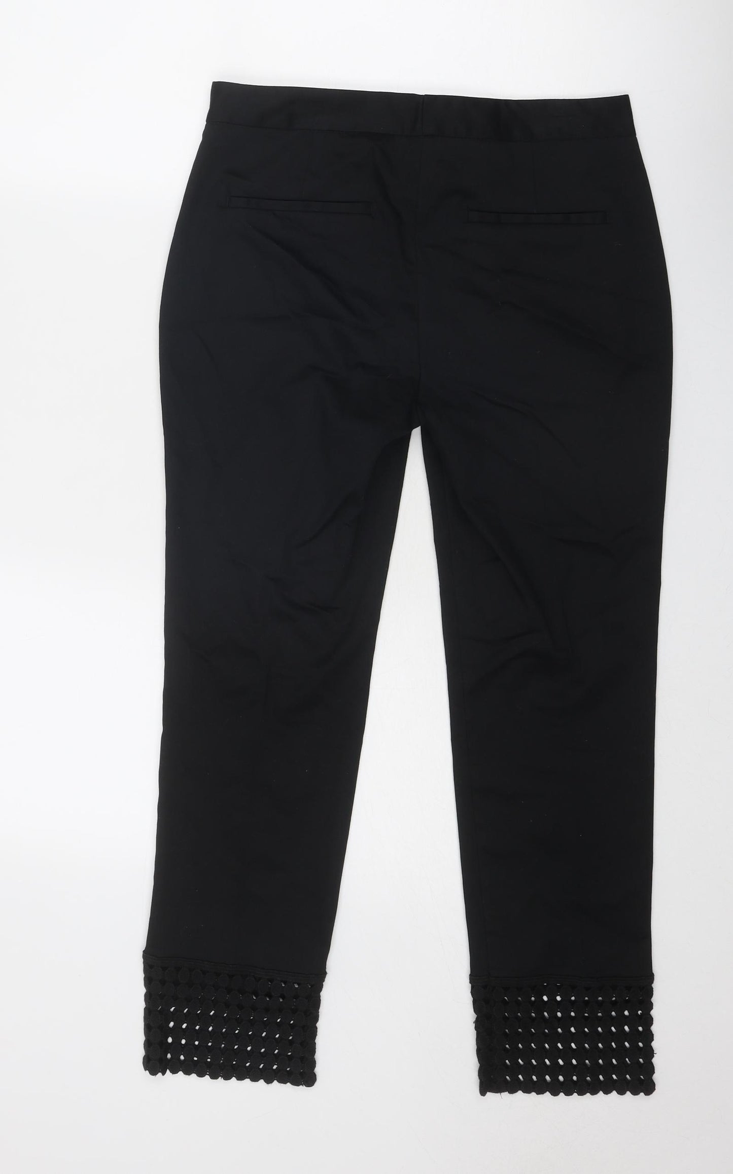 Zara Womens Black Cotton Trousers Size S Regular Zip - Hem Detail