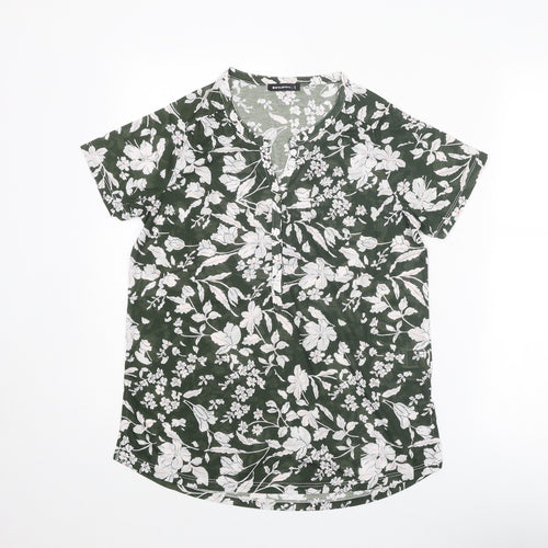 Encuentro Womens Green Floral Polyester Basic Blouse Size S V-Neck