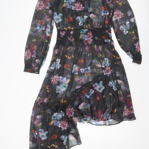 NEXT Girls Black Floral Polyester A-Line Size 14 Years Boat Neck Button