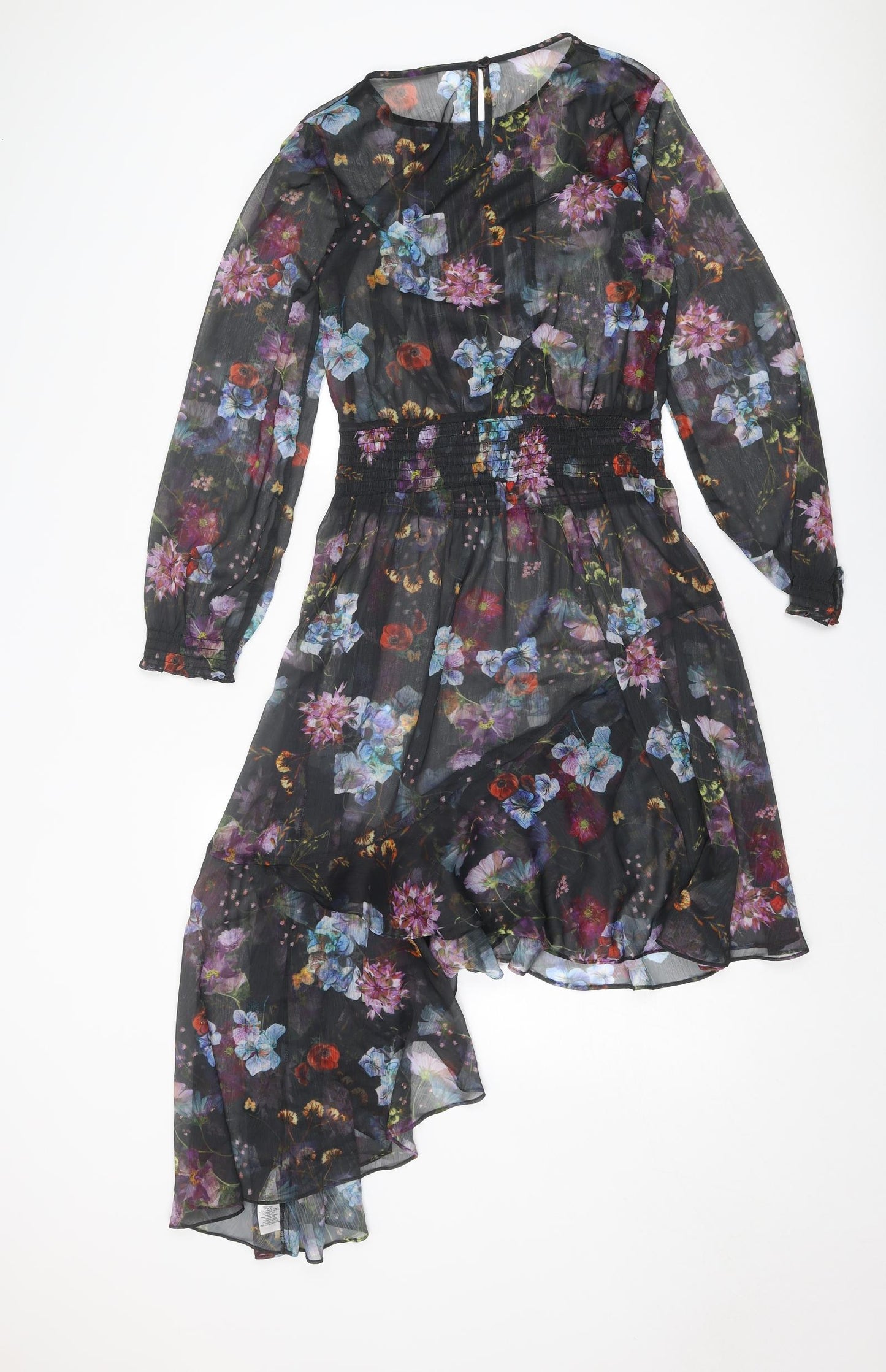 NEXT Girls Black Floral Polyester A-Line Size 14 Years Boat Neck Button