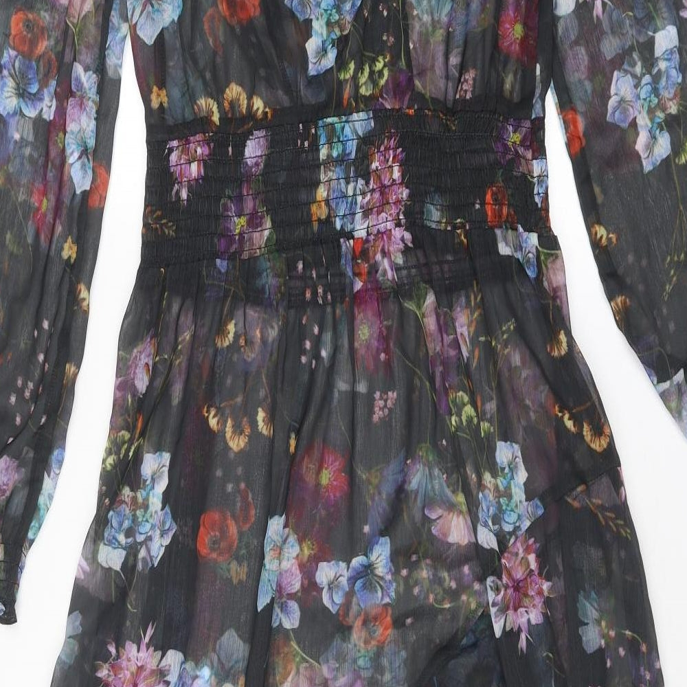 NEXT Girls Black Floral Polyester A-Line Size 14 Years Boat Neck Button