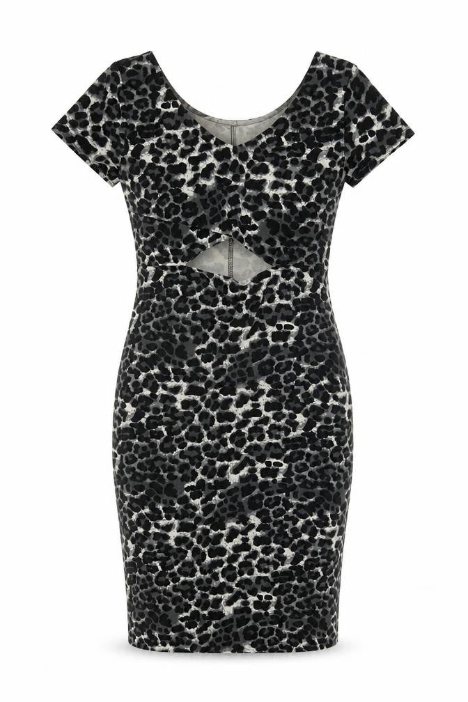 Front view of Forever 21 women’s grey animal print polyester bodycon, size M, v-neck pullover - leopard pattern