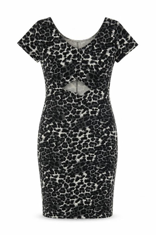 Front view of Forever 21 women’s grey animal print polyester bodycon, size M, v-neck pullover - leopard pattern