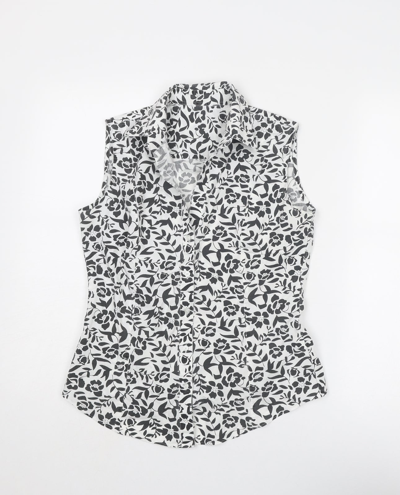 Marks and Spencer Womens White Floral Cotton Basic Button-Up Size 10 Collared