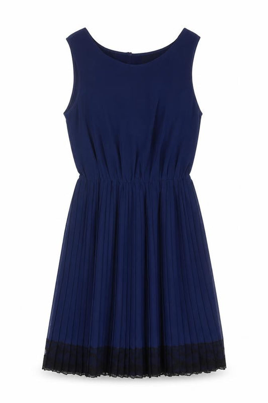 Front view of ASOS women’s blue colourblock polyester fit & flare, size UK 10, round neck button