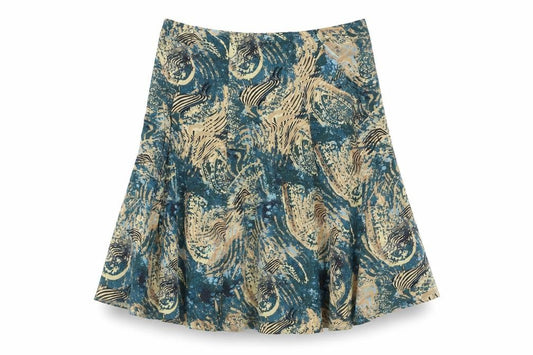 Front view of EWM women’s multicoloured geometric viscose swing skirt, size UK 10